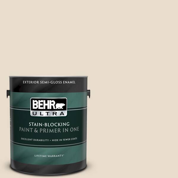 BEHR ULTRA 1 gal. #UL150-10 Aged Parchment Semi-Gloss Enamel Exterior Paint and Primer in One