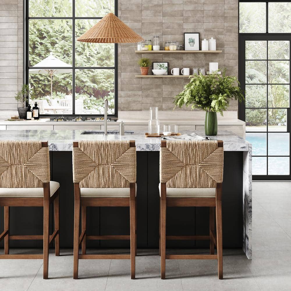 Cream Boucle and Seagrass Dark Brown Wood Bar Stool