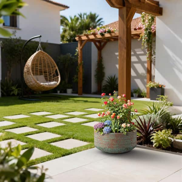 16.5 in. Dia Round Concrete Bowl Planter, Indoor & Outdoor Medium Plant Pot with Drainage Hole, Teal(Enhanced Interior)