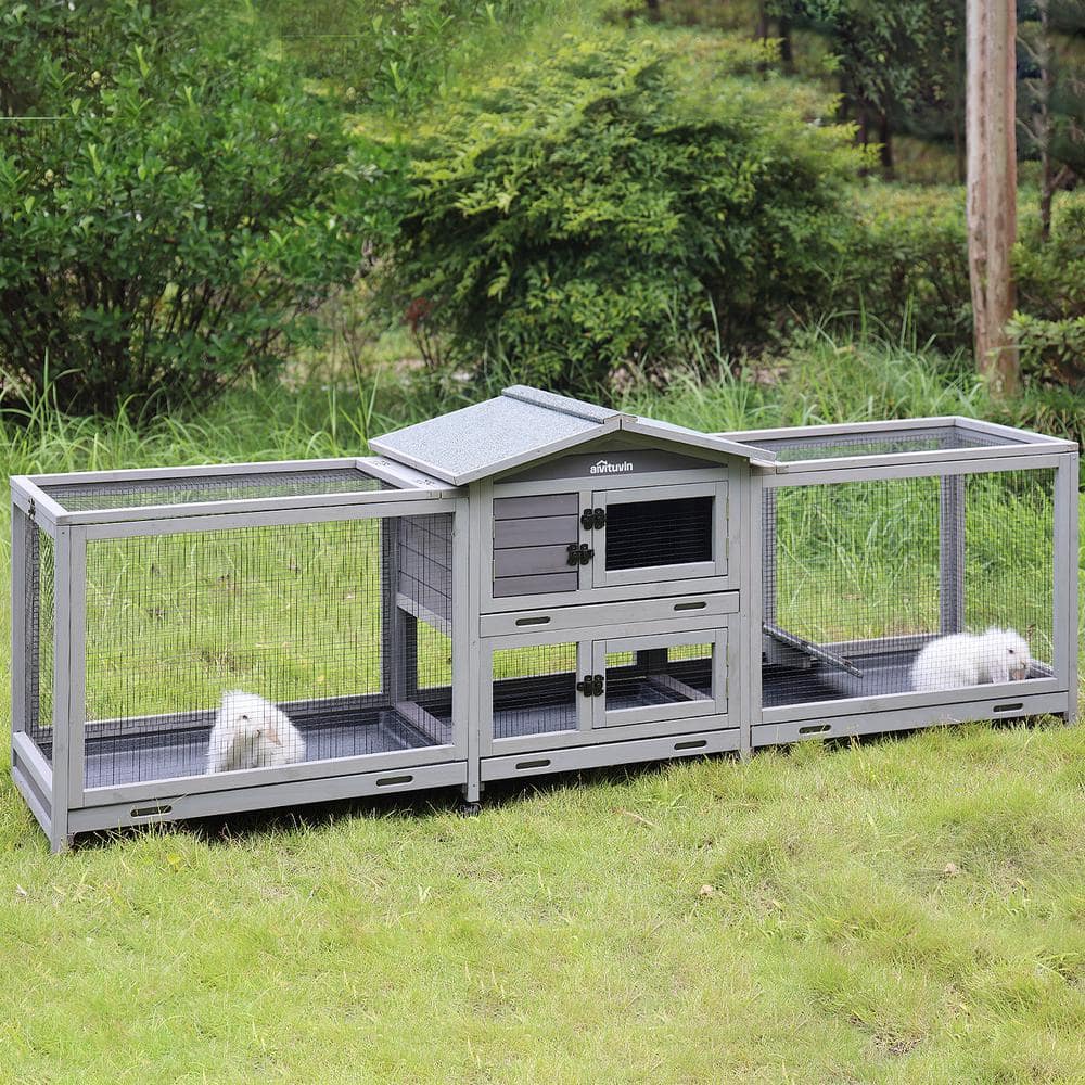 Gray Fir Wood Large Indoor Outdoor Rabbit Hutch with Wheels