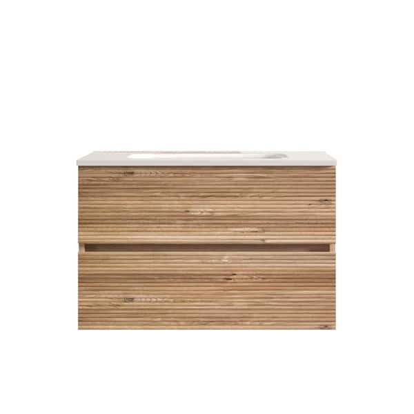 30 in. W Single Sink Wall-Mounted Bath Vanity in Oak with White Ceramic Top Unassembled