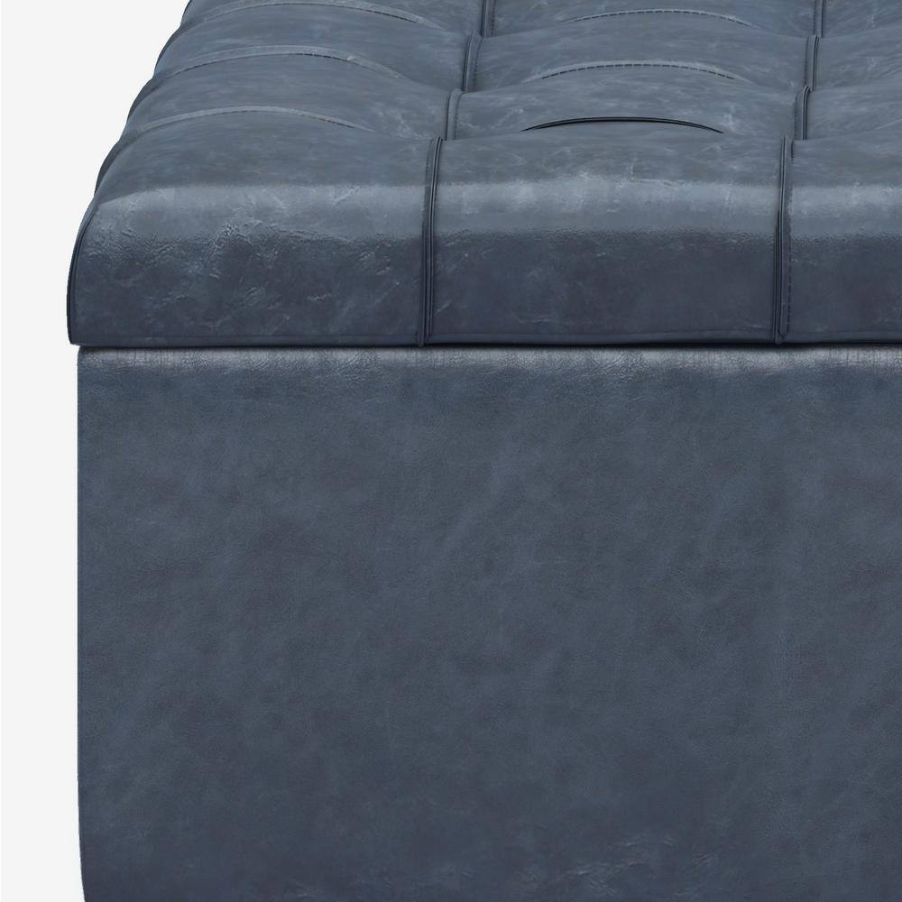 Denim Blue Faux Leather Tufted Cocktail Storage Ottoman, 36 Inch