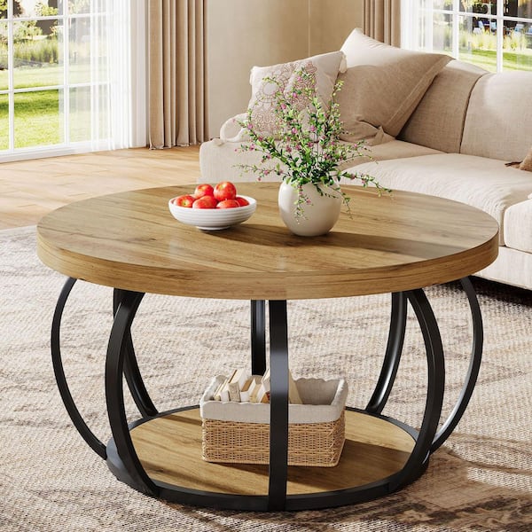 BYBLIGHT Kerlin 31.5 in. Brown Round Wood Coffee Table with Storage ...