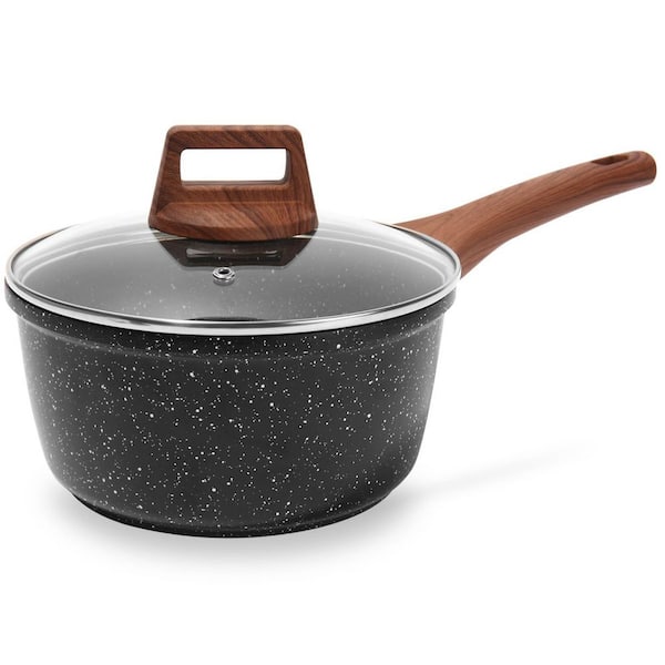 1.5 qt. Black Nonstick Aluminum Sauce Pan with Glass Lid, Small Soup Pot Compatible with All Stovetops, PFOA Free