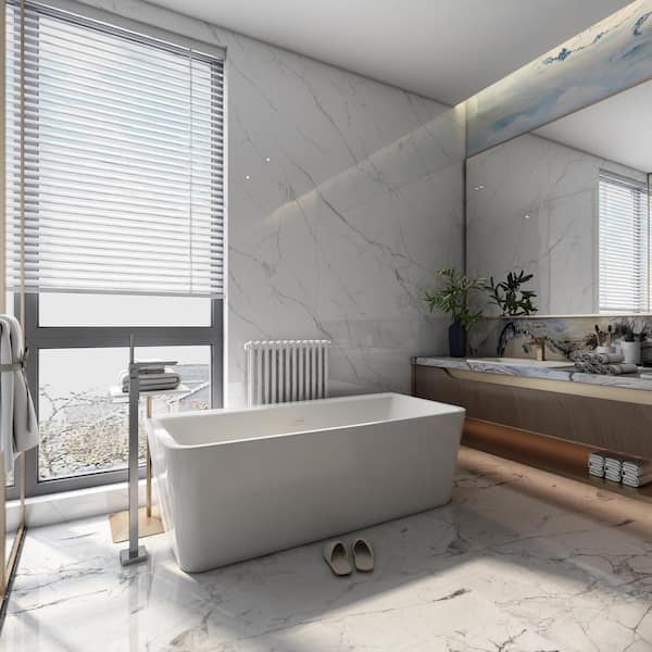 Xspracer 63 in. Acrylic Flatbottom Center Drain Rectangular Non-Whirlpool Freestanding Soaking Bathtub in White