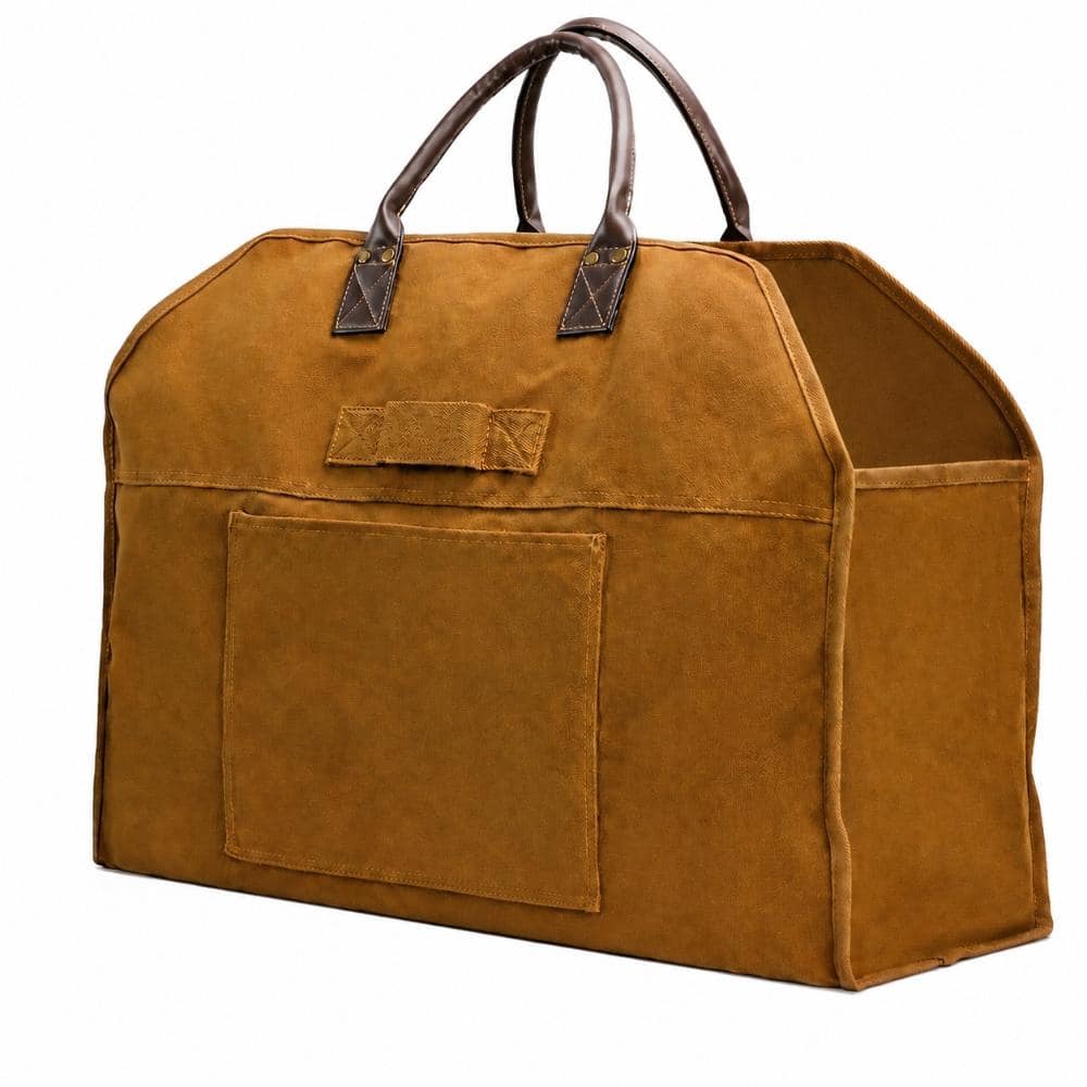 10 in. Heavy Duty Indoor Outdoor Waxed Canvas Firewood Log Carrier with Pocket and 16 in. Leather Gloves