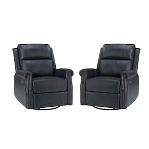 Kaletan Traditional Navy Genuine Leather Power Sliding and Rocking Swivel Recliner Nursery Chair Set with Rolled Arms