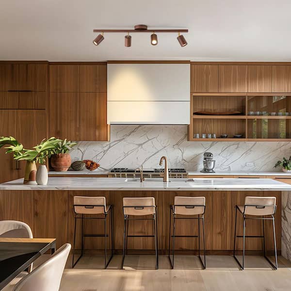 Parroco 4-Light 39.4 in. W 3 ft. Walnut Wood Ceiling Mounted Hardwired Cylinder Track Lighting Kit with Adjustable Heads