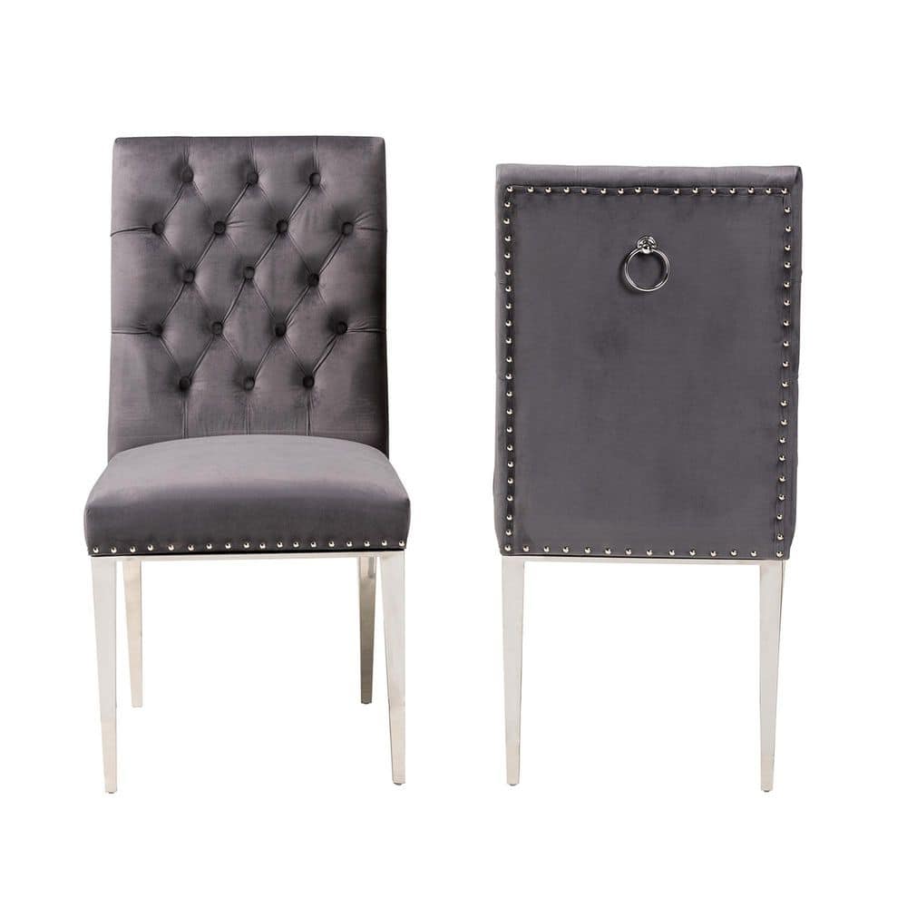 Caspera Gray Velvet and Silver Metal Dining Chair Set