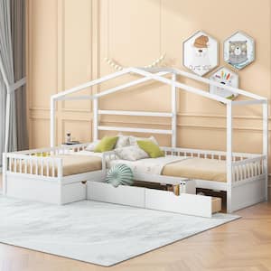 White Twin Size L-Shaped Platform Beds with 3 Drawers