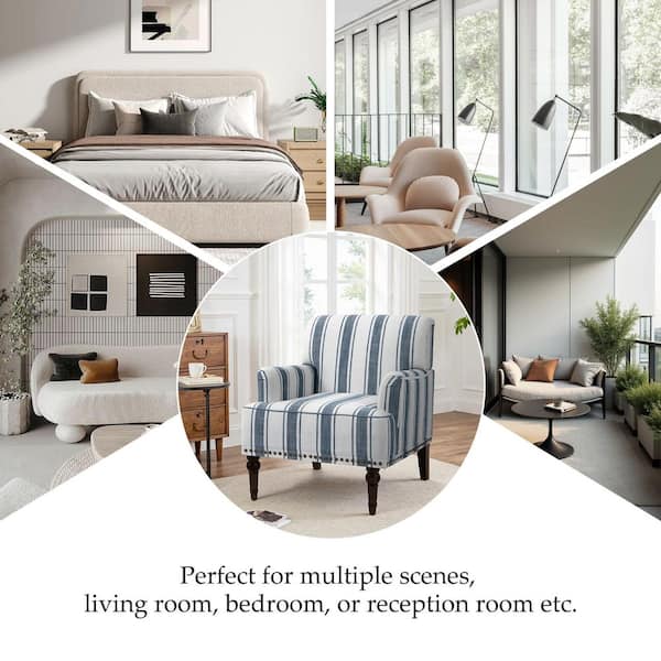 Uixe Modern Dark Blue Striped Linen Upholstered Accent Armchair