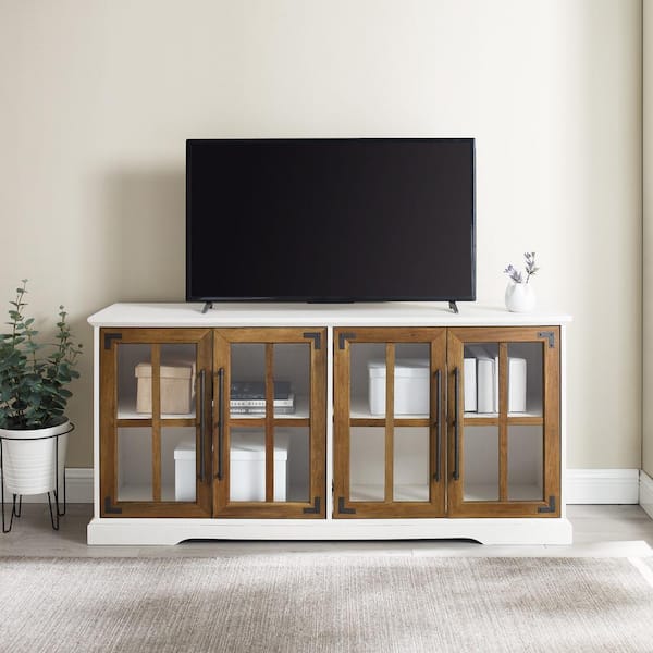 58 in. Farmhouse Brushed White & Rustic Oak Wood TV Stand with Glass Windowpane Doors (Max TV Size 65 in.)