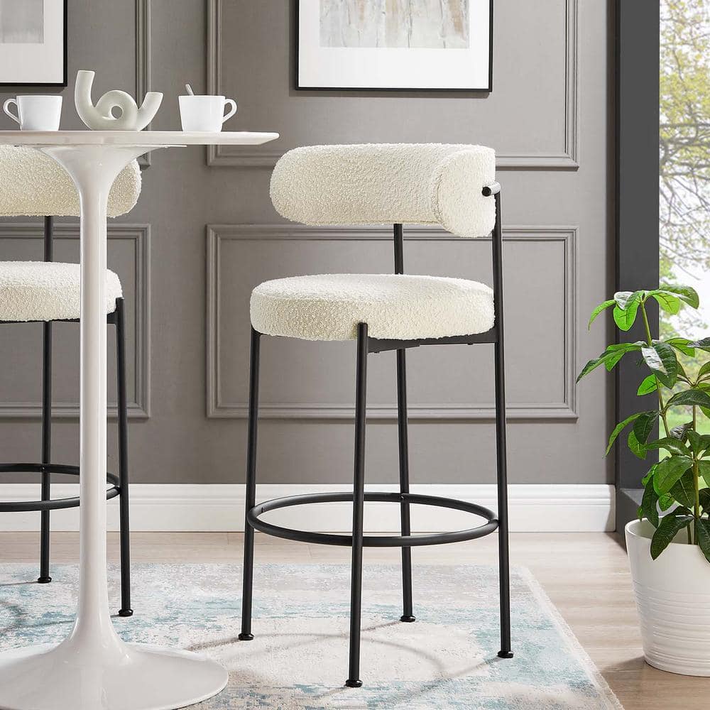 Ivory Boucle Fabric and Black Metal Adjustable Bar Stools, Set of 2