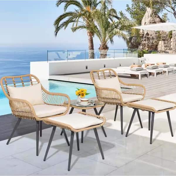 Zeus & Ruta 5-Pieces Yellow Wicker Patio Conversation Set with Cream White Cushions, 1 Glass Coffee Table Ottomans Bistro Sets