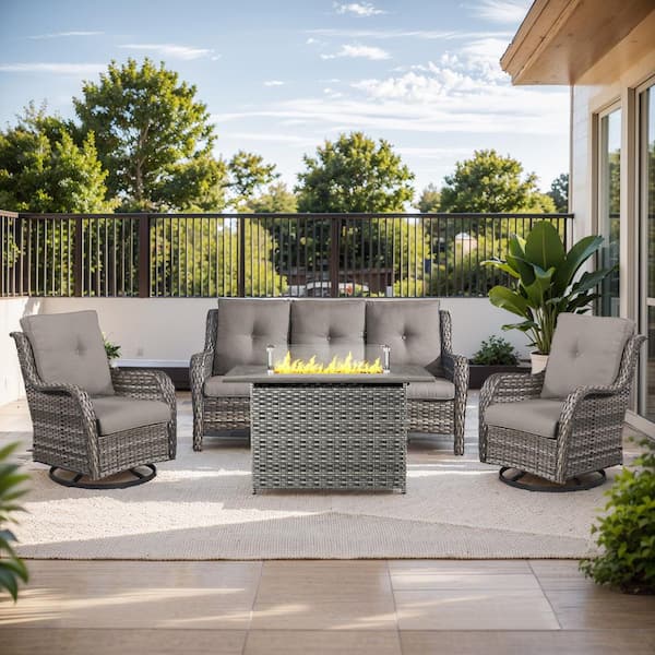 Carolina 4-Piece Outdoor Patio Furniture Set, Gray Wicker Fire Pit Table with 3-Seat Sofa, Gray Cushions