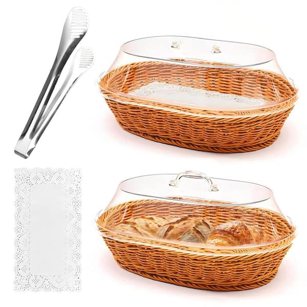 2-Pack Oval Woven Baskets with Acrylic Lids, Tongs and Lace Doilies for Bread, Fruit