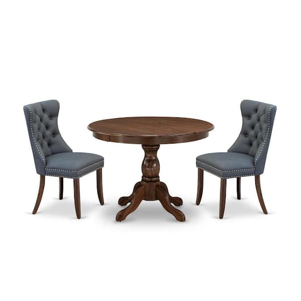 East West Furniture 3-Piece Antique Walnut Finish Solid Wood Top-Round Dining Room Set-Seats 4