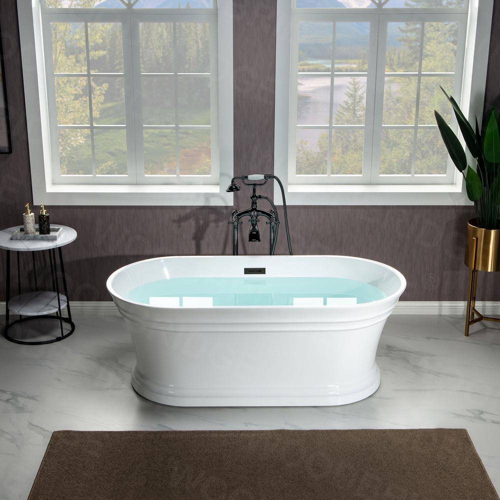 67" White Acrylic Freestanding Soaking Bathtub with Matte Black Trim