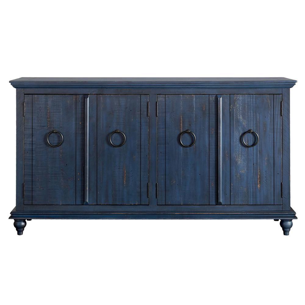 Rustic Blue 65" Solid Pine Wood TV Stand with Cabinet