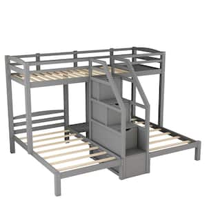 Gray Wood Twin over Twin and Twin Triple Bunk Bed with Storage Stairs and Small Desk Built in Drawer