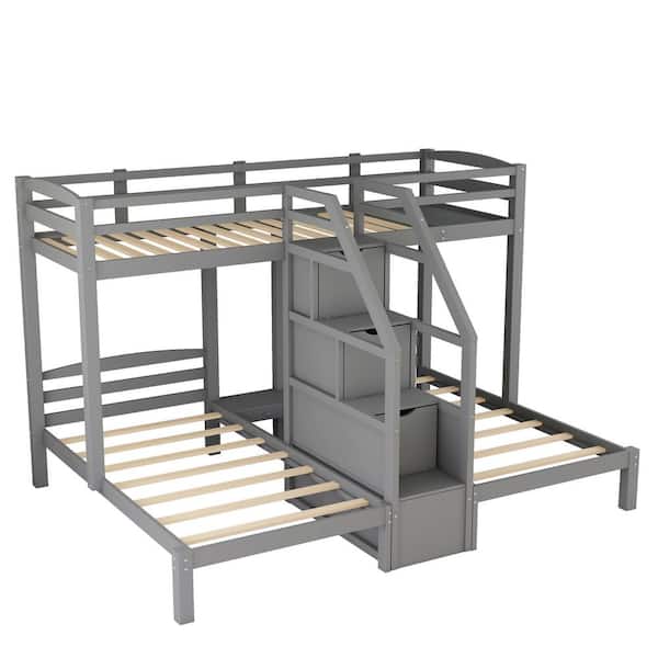 Gray Twin over Twin and Twin Bunk Bed with Built in Staircase and Little Drawer