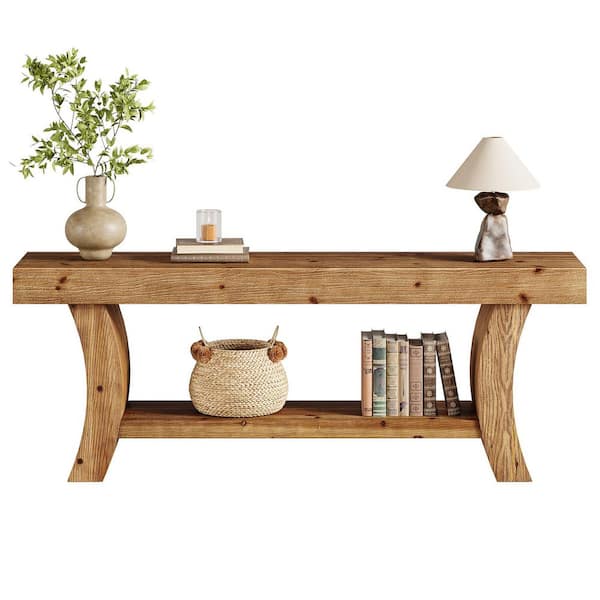 BYBLIGHT Turrella 63 in. Brown Farmhouse Rectangle Solid Wood Console ...
