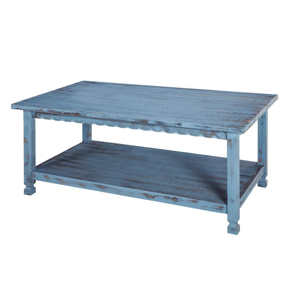 42" Blue Antique Country Cottage Wood Coffee Table with Storage Shelf