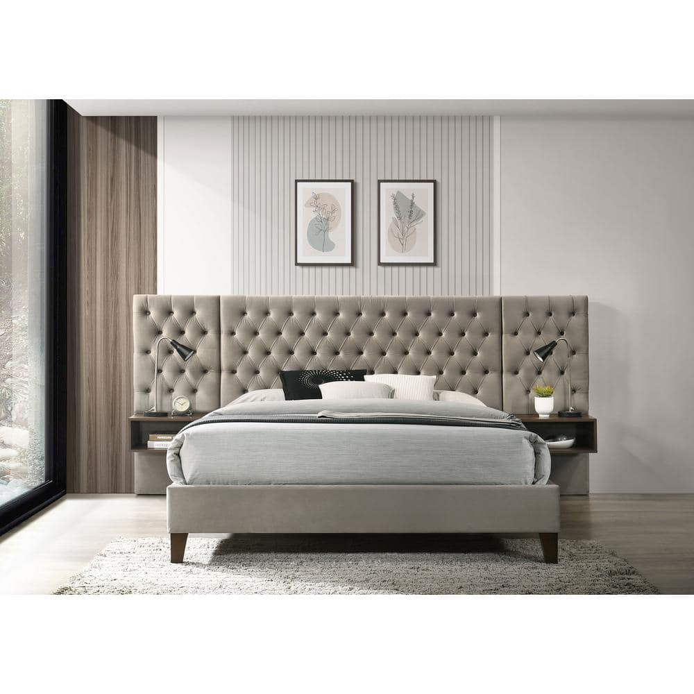 Light Brown Velvet Upholstered Queen Platform Bed with Tufted Headboard