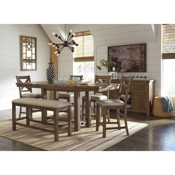 Moriville Brown Wood 86 in. Trestle Extendable Dining Table Seats 8 with Drop Leaf