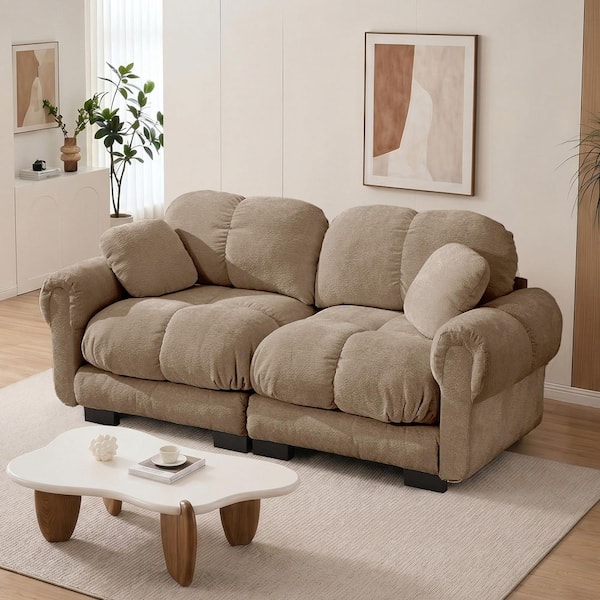 Nadine 76.3 in. Round Arms Chenille Rectangle Sectional Sofa in Brown with Exquisite Pillows