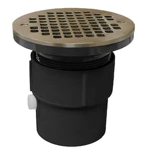 3 in. x 4 in. PVC Pipe Fit Drain Base with 3-1/2 in. IPS Plastic Spud and 6 in. Round Nickel Bronze Strainer