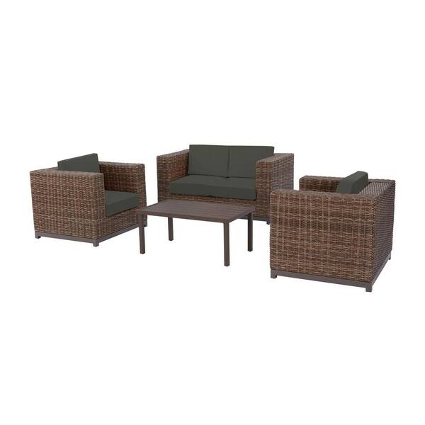 Hampton Bay Fernlake 4 Piece Taupe Wicker Outdoor Patio Deep Seating Set With Cushionguard Graphite Dark Gray Cushions H181 01429300 The Home Depot