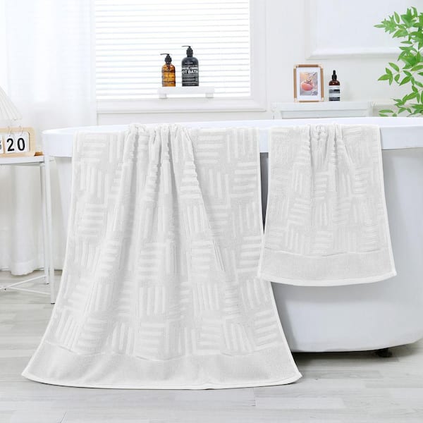 8 Piece White Jacquard Cotton Bath Towels Set