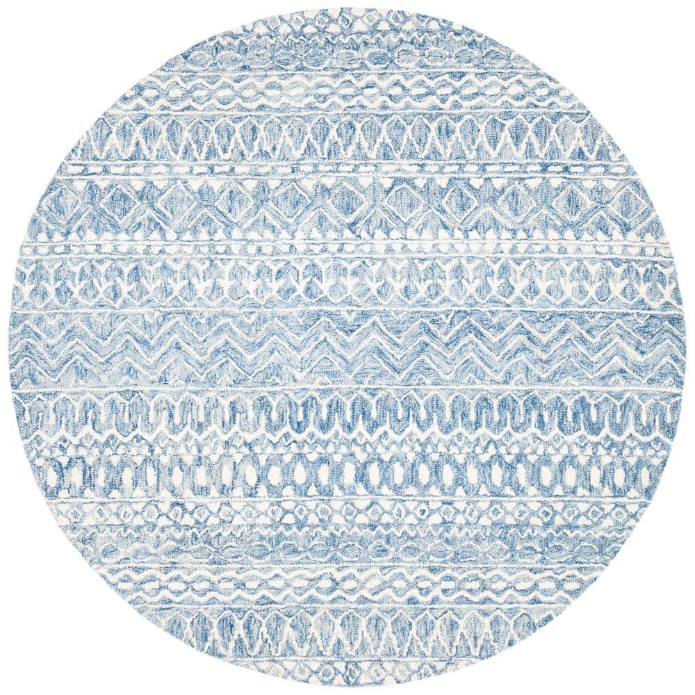 SAFAVIEH Micro-Loop Blue/Ivory 9 ft. x 9 ft. Distressed Tribal Round ...