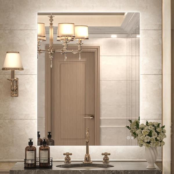 KeonJinn 28 in. W x 36 in. H Rectangular Frameless LED Light Anti-Fog Wall Bathroom Vanity Mirror with Backlit