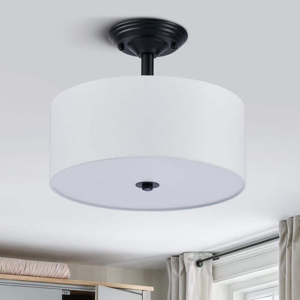 Cassie Contemporary Matte Black Drum Ceiling Light with White Shade