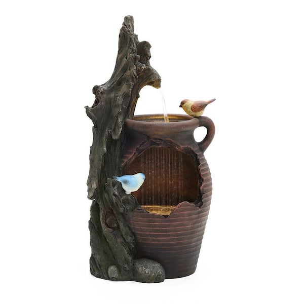 Rain Barrel with Tree and Birds 2.5 ft. Tall Outdoor Polyresin Cascade Fountains with Light