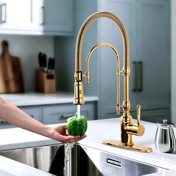 Single Handle Pull Down Sprayer Kitchen Faucet Solid Brass in Brushed Gold