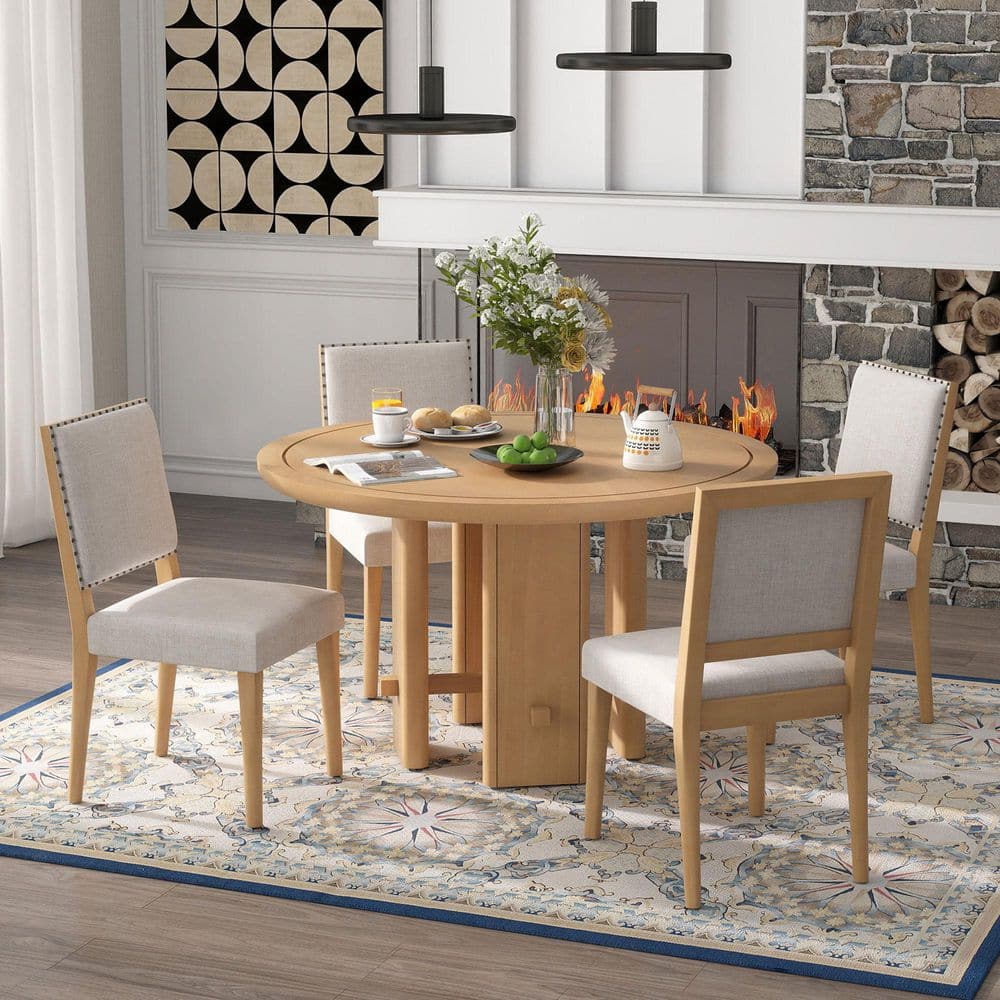 Polibi 5-Piece Round Beige/Natural Wood Top Dining Room Set Seats 4  RS-96043-AAE - The Home Depot, image size:1000x1000