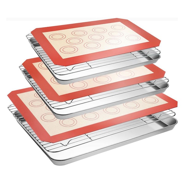 Stainless Steel Silver Baking Sheet Tray Cooling Rack with Silicone Baking Mat 9-Pack (3 Sheets + 3 Racks + 3 Mats)