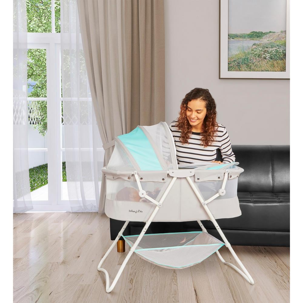 Blue and Gray Lightweight Polyester Foam Bassinet with Canopy