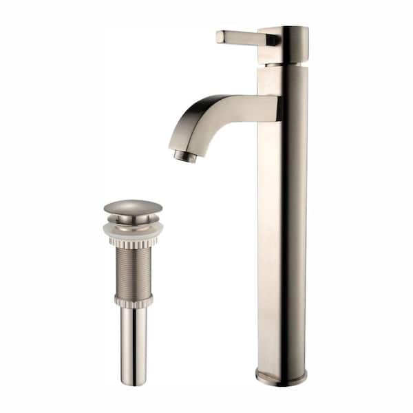 KRAUS Ramus Single Hole Single-Handle Vessel Bathroom Faucet with Matching Pop Up Drain in Satin Nickel