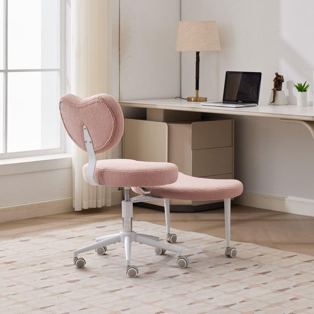 Polyester Swivel Office Chair & Meditation Chair in Pink with Wheels, Cross-Legged Design, Lumbar Support & Footrest