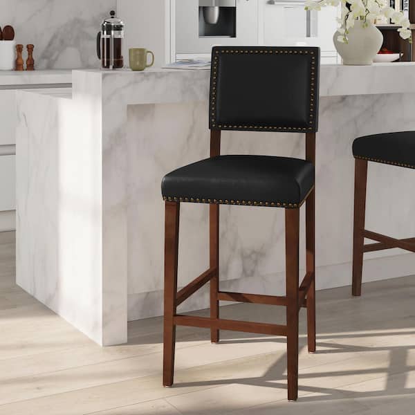 Brook 30 in. Cherry Brown Cushioned Back Wood Counter Stool with Black Faux Leather Seat