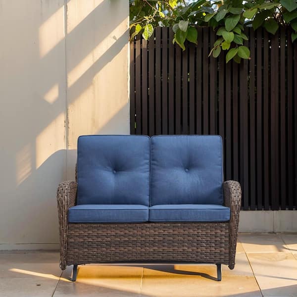 PlainCurve 49.6 in Width 2-Person Metal and Brown Wicker Patio Outdoor Glider Loveseat with Olefin Navy Blue Cushion