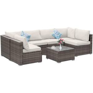Gray 7-Piece Rattan Wicker Outdoor Chaise Lounge Sets with Glass Table and Beige Cushion