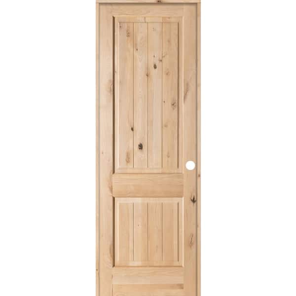 Krosswood Doors 32 in. x 96 in. Knotty Alder 2 Panel Square Top V-Groove Solid Wood Left-Hand Single Prehung Interior Door