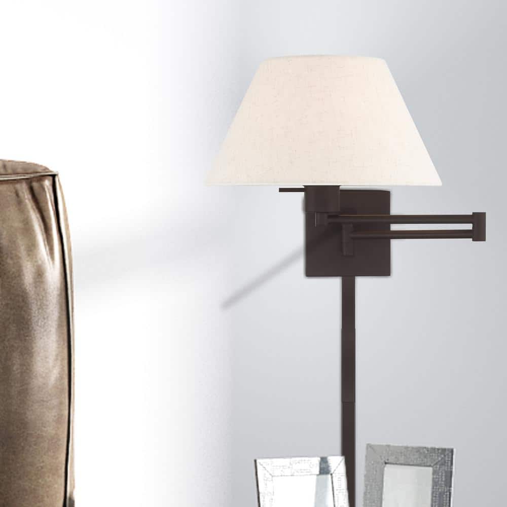 Bronze Finish Swing Arm Wall Lamp with Oatmeal Fabric Shade