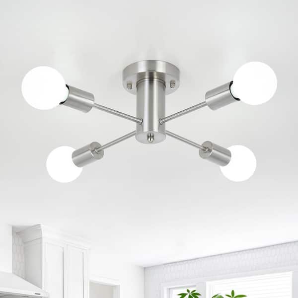 ZJVAIVE 17.5 in. 4-Light Nickel Sputnik Semi- Flush Mount For Foyer Bedroom with No Bulbs Included