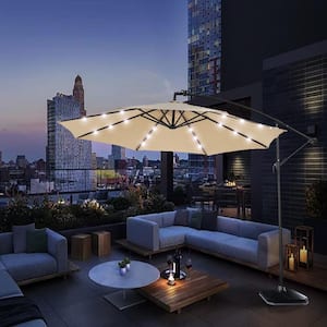 10 ft. Steel Solar LED Minimalist Outdoor Patio Cantilever Umbrella with Button Tilt and Crank System in Brown